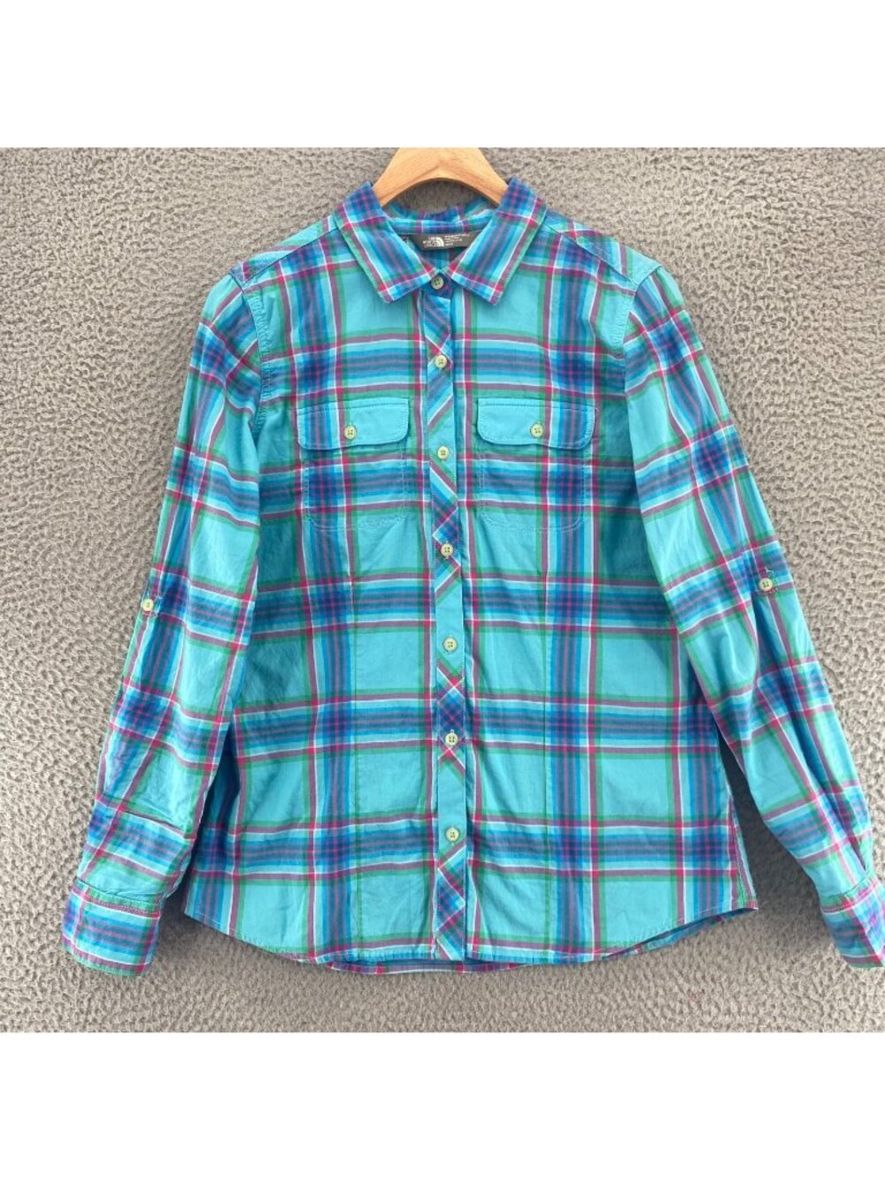 North Face Shirt Womens Medium Blue Multi Plaid Cotton Roll Tab Sleeves Pockets